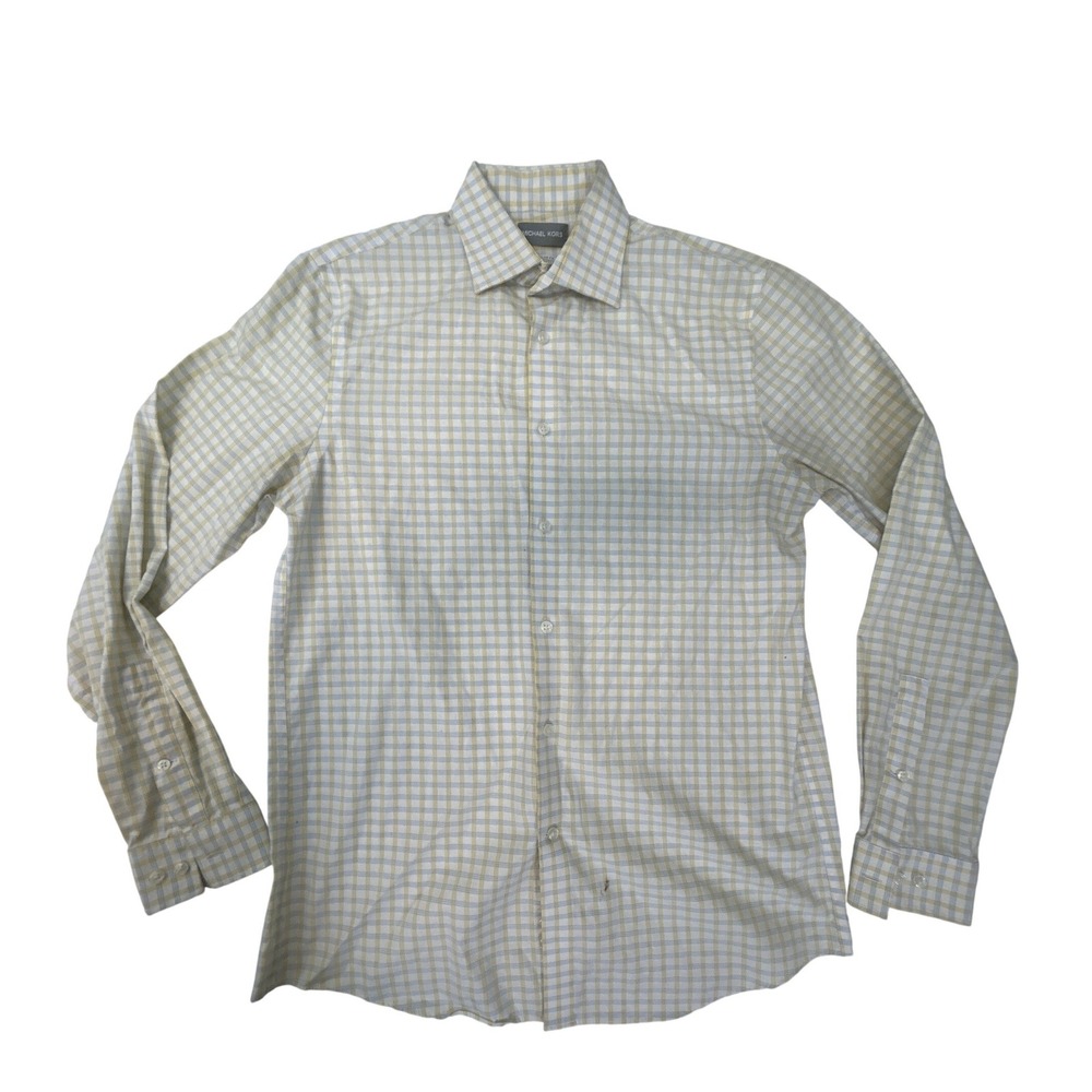 Michael Kors Mens Airsoft Stretch Plaid Dress Shirt Yellow Blue Regular Fit 15.5